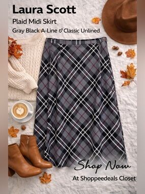 Laura Scott Plaid Midi Skirt Gray Black A-Line Classic Unlined